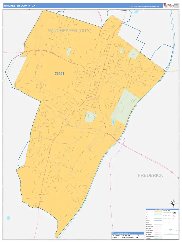 Winchester County, VA ZIP Code Wall Map, Business Reference style