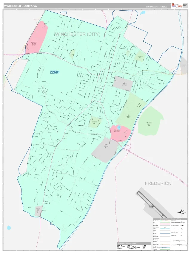 Winchester County, VA ZIP Code Wall Map, Classic style