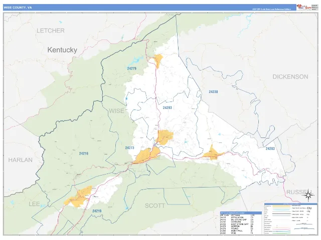 Wise County, VA ZIP Code Wall Map, Business Reference style