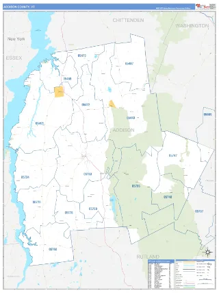 Addison County, VT Business Reference style ZIP Code wall map