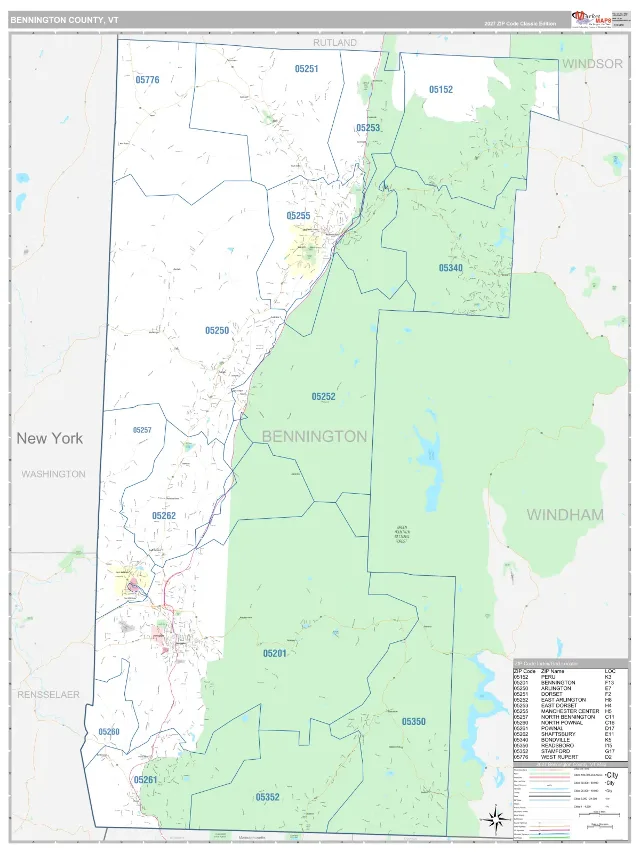 Bennington County, VT ZIP Code Wall Map, Classic style