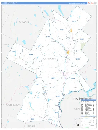 Caledonia County, VT Business Reference style ZIP Code wall map