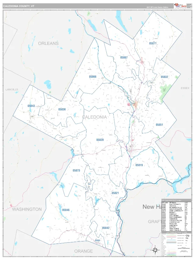 Caledonia County, VT ZIP Code Wall Map, Classic style