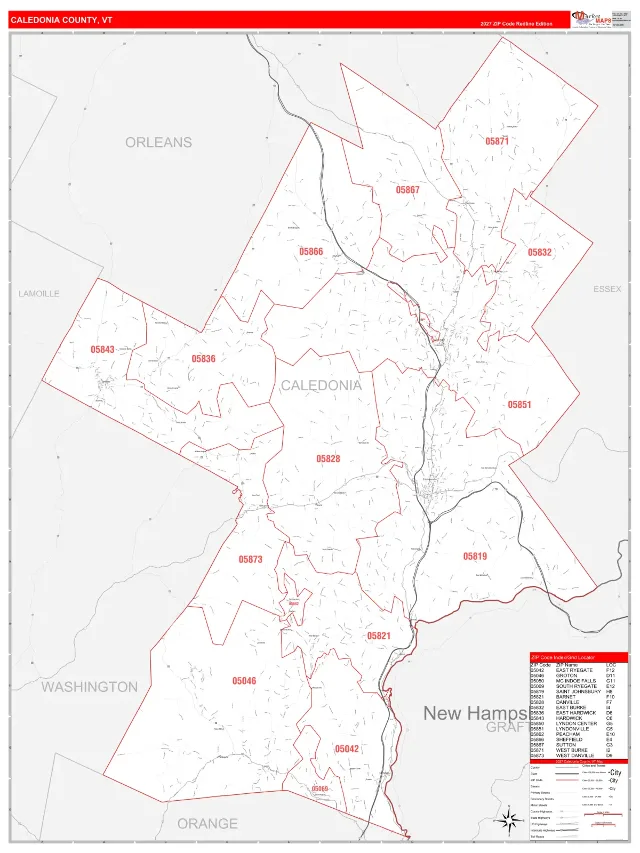 Caledonia County, VT ZIP Code Wall Map, RedLine style