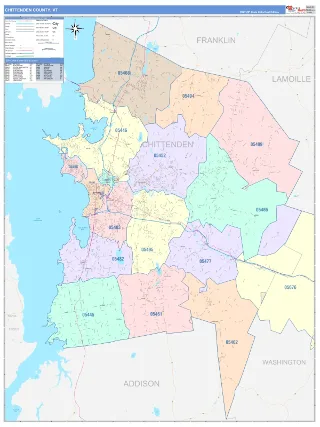 Chittenden County, VT ColorCast style ZIP Code wall map