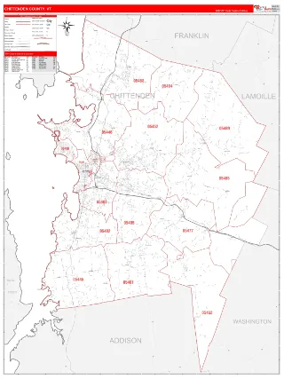 Chittenden County, VT RedLine style ZIP Code wall map