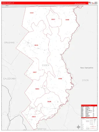 Essex County, VT RedLine style ZIP Code wall map