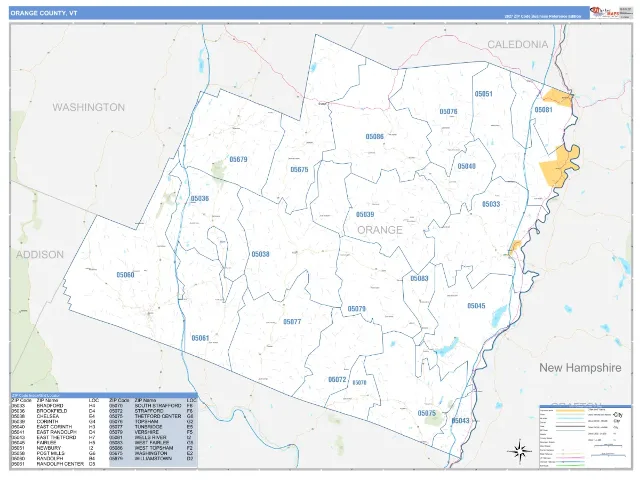 Orange County, VT ZIP Code Wall Map, Business Reference style