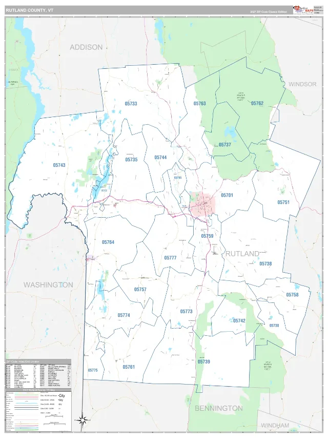 Rutland County, VT ZIP Code Wall Map, Classic style