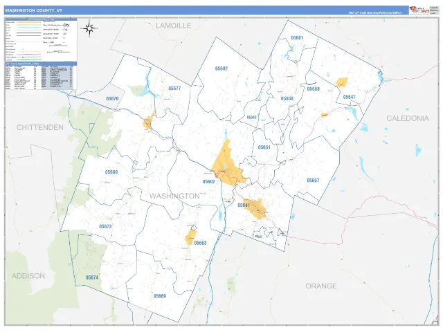 Washington County, VT ZIP Code Wall Map, Business Reference style