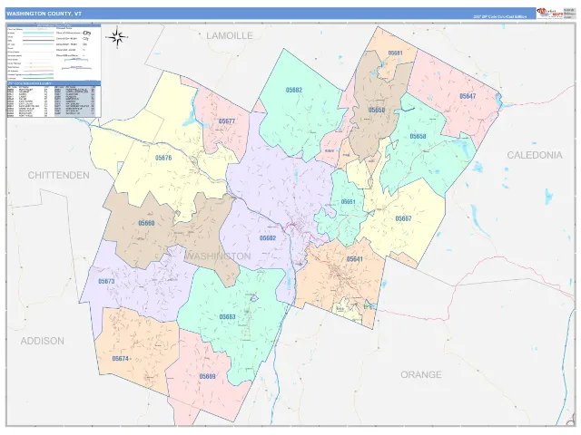 Washington County, VT ZIP Code Wall Map, ColorCast style