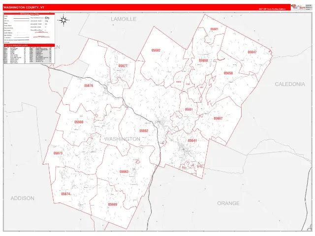Washington County, VT ZIP Code Wall Map, RedLine style