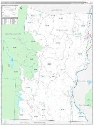 Windham County, VT Classic style ZIP Code wall map