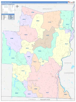 Windham County, VT ColorCast style ZIP Code wall map