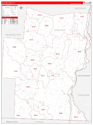 Windham County, VT RedLine style ZIP Code wall map