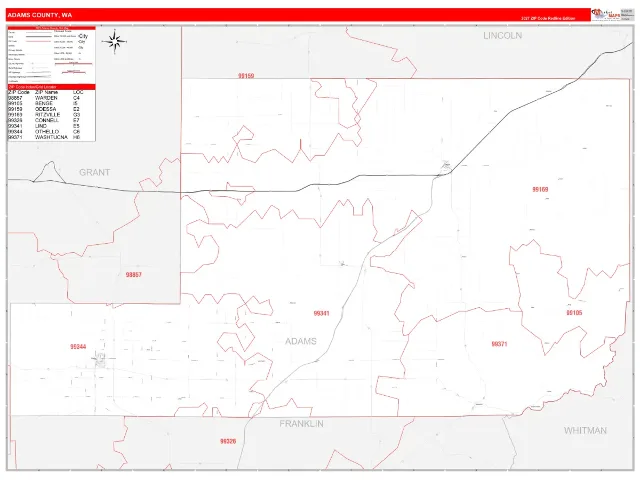 Adams County, WA ZIP Code Wall Map, RedLine style