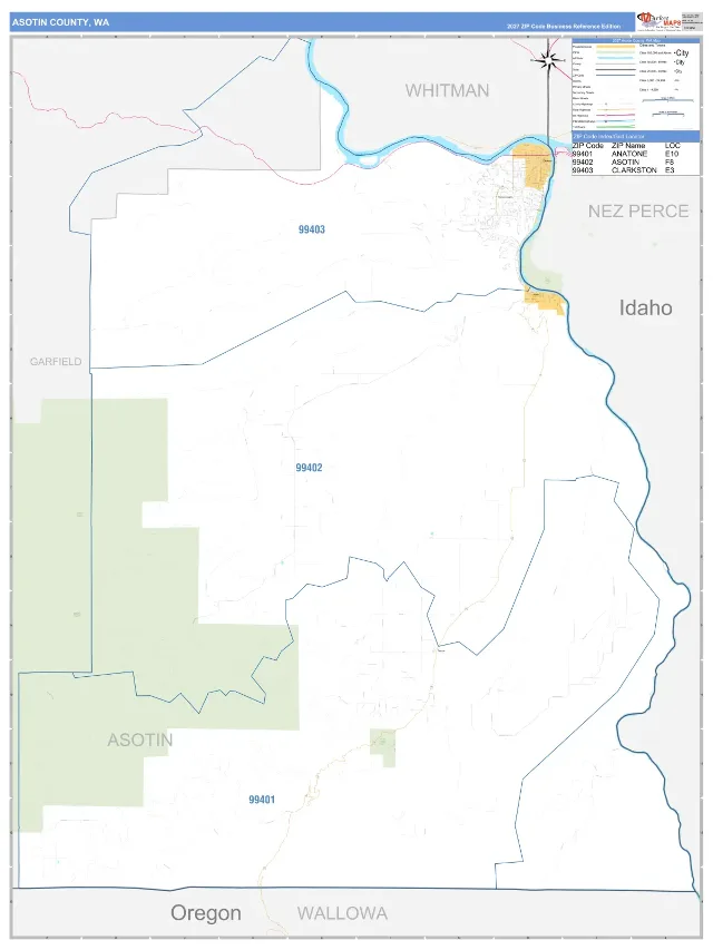 Asotin County, WA ZIP Code Wall Map, Business Reference style