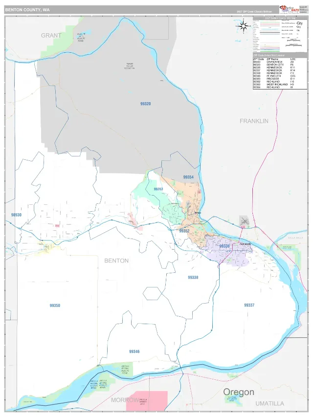 Benton County, WA ZIP Code Wall Map, Classic style
