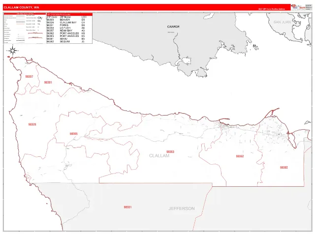 Clallam County, WA ZIP Code Wall Map, RedLine style