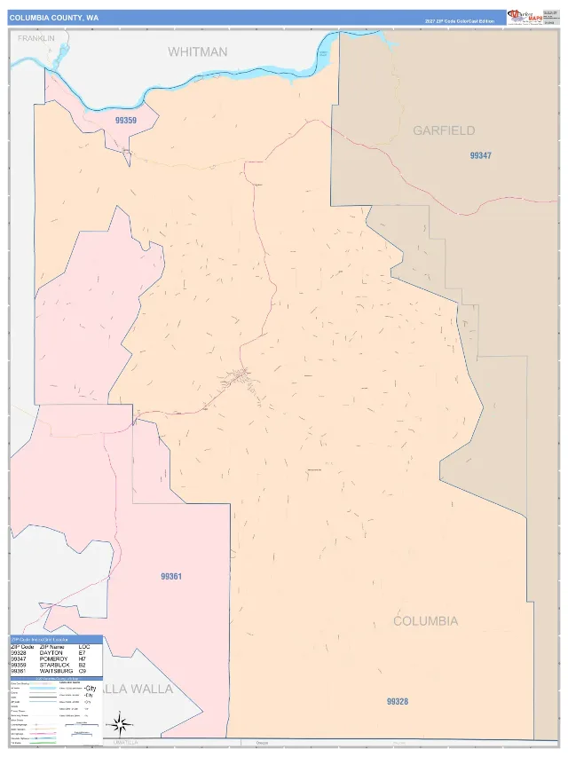 Columbia County, WA ZIP Code Wall Map, ColorCast style