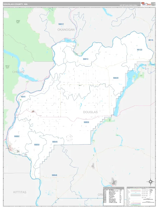 Douglas County, WA ZIP Code Wall Map, Classic style
