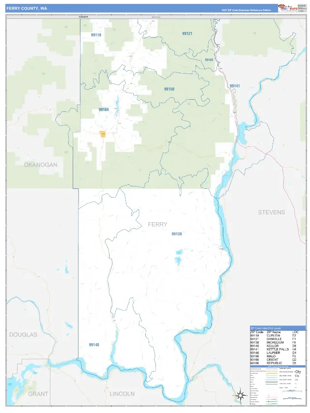 Ferry County, WA ZIP Code Wall Map, Business Reference style