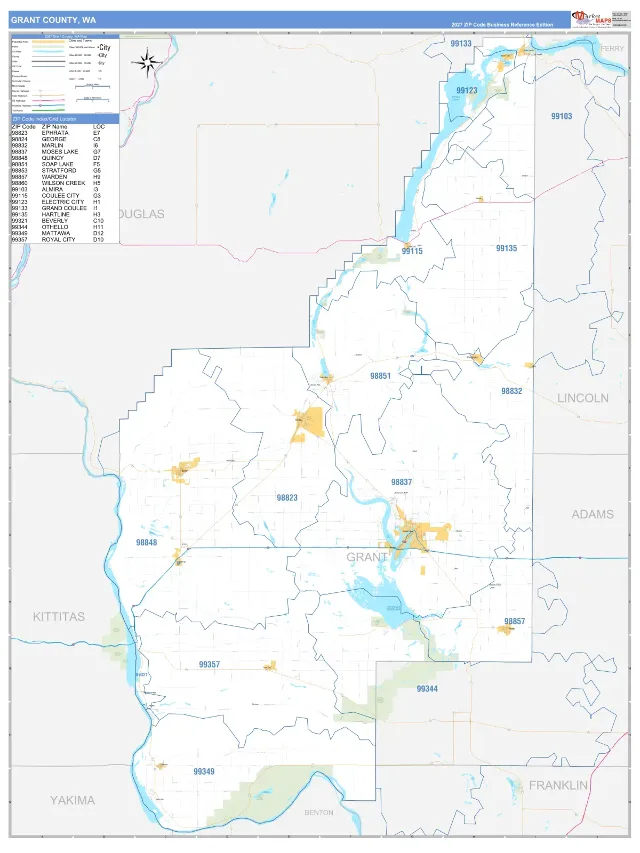 Grant County, WA ZIP Code Wall Map, Business Reference style