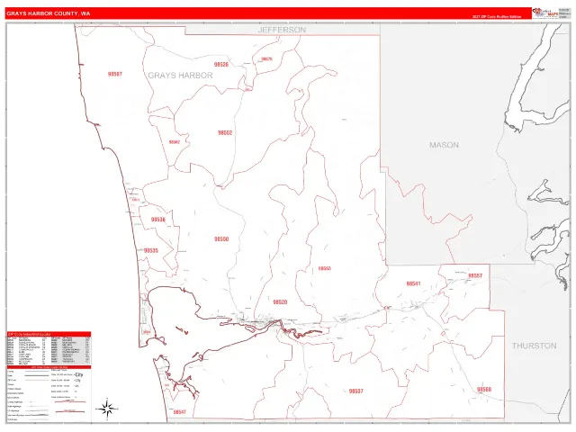 Grays Harbor County, WA ZIP Code Wall Map, RedLine style