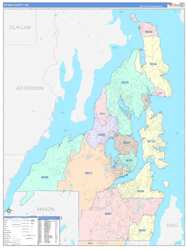 Kitsap County, WA ZIP Code Wall Map, ColorCast style