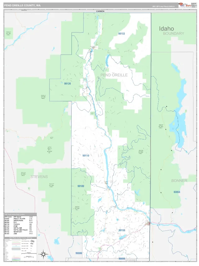 Pend Oreille County, WA ZIP Code Wall Map, Classic style