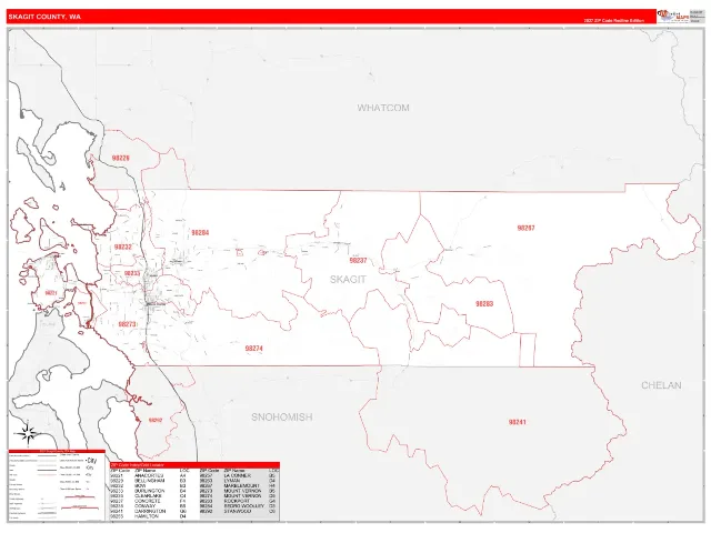 Skagit County, WA ZIP Code Wall Map, RedLine style