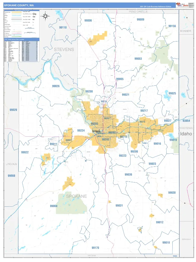 Spokane County, WA ZIP Code Wall Map, Business Reference style