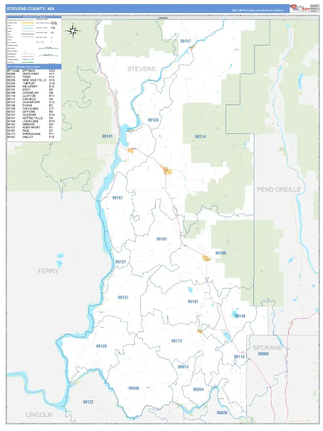 Stevens County, WA ZIP Code Wall Map, Business Reference style