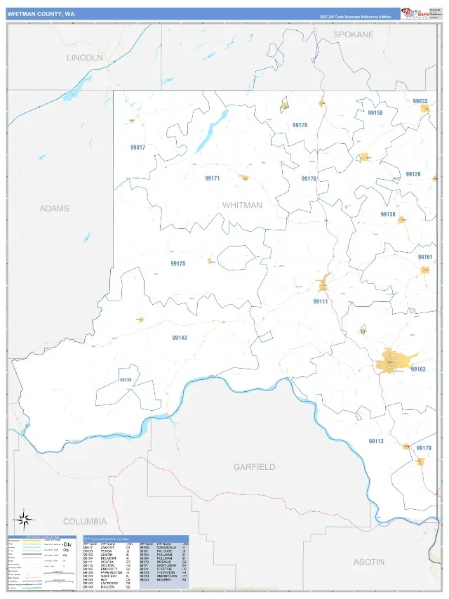 Whitman County, WA ZIP Code Wall Map, Business Reference style