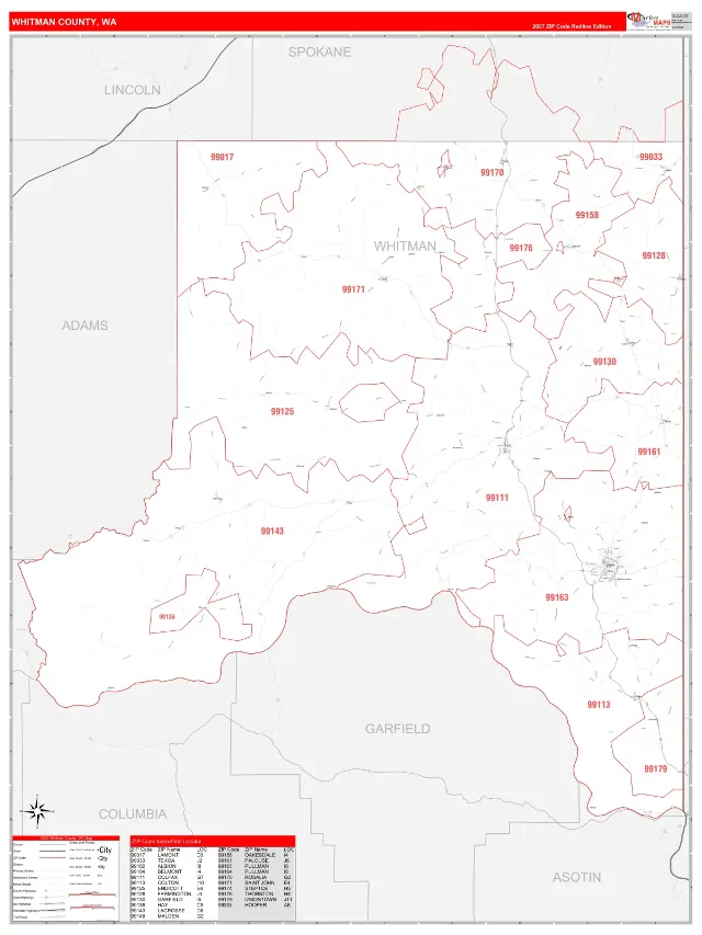 Whitman County, WA ZIP Code Wall Map, RedLine style