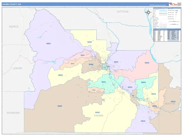 Yakima County, WA ZIP Code Wall Map, ColorCast style