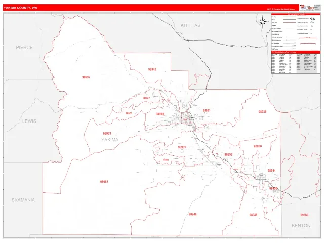 Yakima County, WA ZIP Code Wall Map, RedLine style