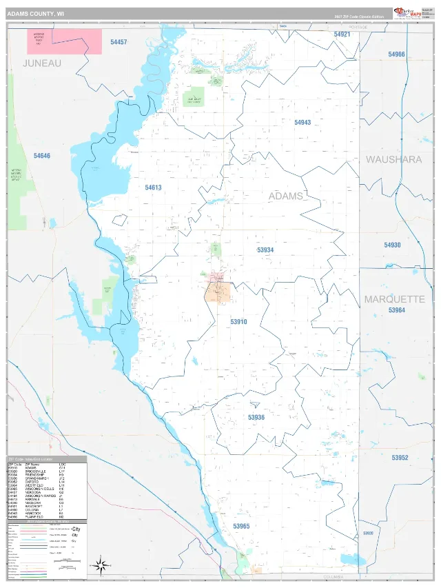 Adams County, WI ZIP Code Wall Map, Classic style
