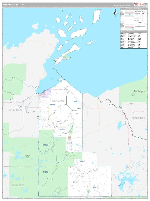 Ashland County, WI ZIP Code Wall Map, Classic style
