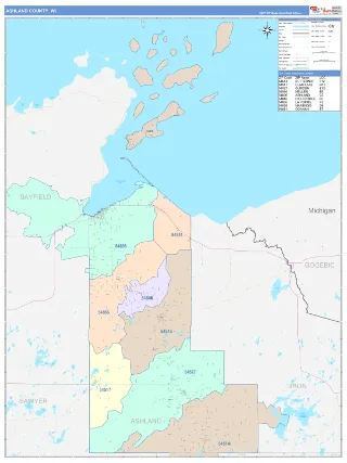 Ashland County, WI ColorCast style ZIP Code wall map