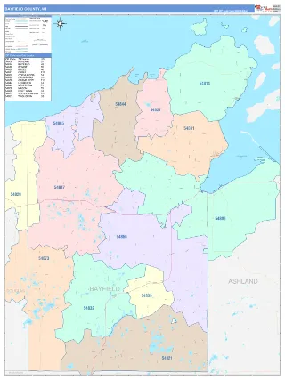 Bayfield County, WI ColorCast style ZIP Code wall map