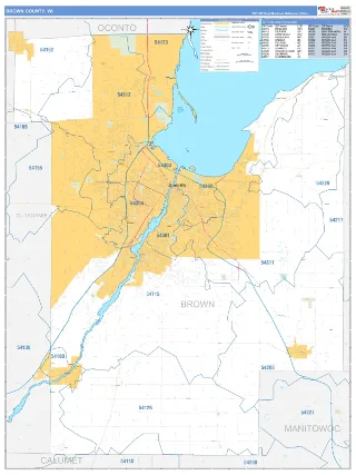 Brown County, WI Business Reference style ZIP Code wall map