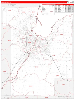 Brown County, WI RedLine style ZIP Code wall map