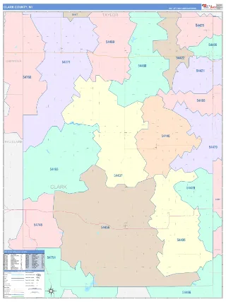 Clark County, WI ColorCast style ZIP Code wall map