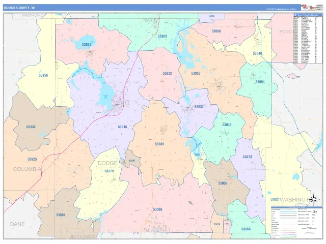 Dodge County, WI ZIP Code Wall Map, ColorCast style