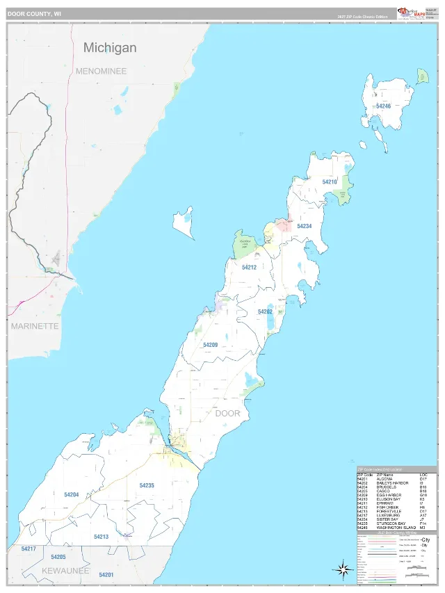 Door County, WI ZIP Code Wall Map, Classic style