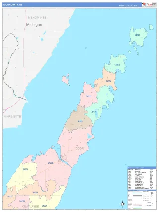 Door County, WI ColorCast style ZIP Code wall map