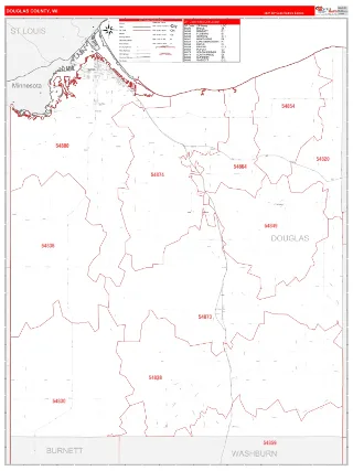 Douglas County, WI RedLine style ZIP Code wall map