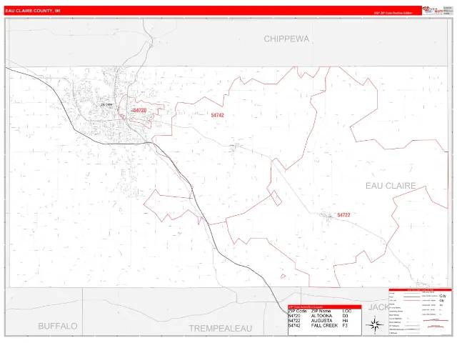 Eau Claire County, WI ZIP Code Wall Map, RedLine style