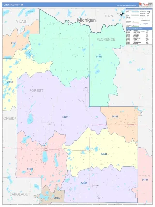 Forest County, WI ColorCast style ZIP Code wall map